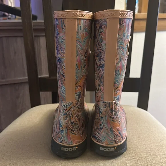 Bogs Kids Girls Pull On Handle Rain Boots Marble Peach Orange Size 3
